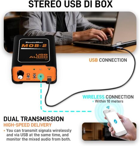 StudioMan MOB-2 Active USB Audio DI Box, 2-in-1 Direct Injection Box & USB Audio Interface with Volume Control, Mono/Stereo Switch for Guitar, Bass, Keyboard, Live Performance, Recording in Kuwait