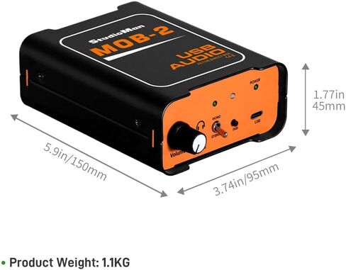 StudioMan MOB-2 Active USB Audio DI Box, 2-in-1 Direct Injection Box & USB Audio Interface with Volume Control, Mono/Stereo Switch for Guitar, Bass, Keyboard, Live Performance, Recording in Kuwait
