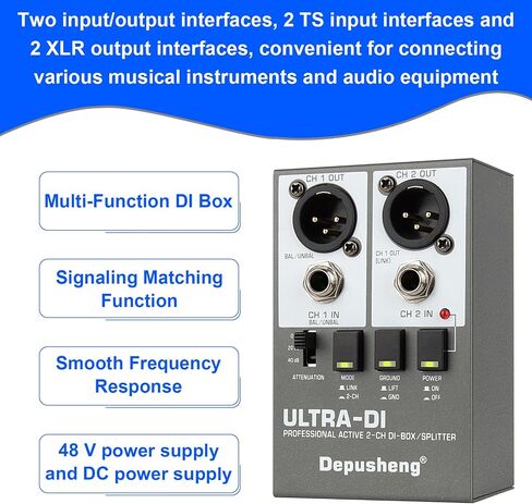 Depusheng Ultra-DI Di2 Professional Active 2-Channel DI-Box/Splitter مع مخفف إدخال لتوصيل الجيتار والباس، موصل متوازن وغير متوازن، يدعم مصدر طاقة 48 فولت in Kuwait
