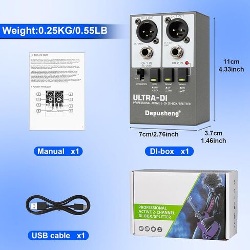 Depusheng Ultra-DI Di2 Professional Active 2-Channel DI-Box/Splitter مع مخفف إدخال لتوصيل الجيتار والباس، موصل متوازن وغير متوازن، يدعم مصدر طاقة 48 فولت in Kuwait