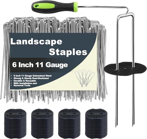 Landscape Staples 6 Inch - 50 Pack Heavy Duty U-Shaped Garden Stakes (50 Pins + 50 Gaskets), 11 Gauge Galvanized Ground Anchors for Weed Barrier Fabric, Sod, Lawn Edging (50) in Kuwait