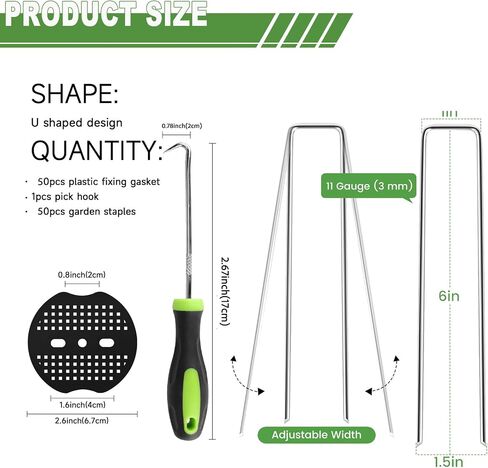 Landscape Staples 6 Inch - 50 Pack Heavy Duty U-Shaped Garden Stakes (50 Pins + 50 Gaskets), 11 Gauge Galvanized Ground Anchors for Weed Barrier Fabric, Sod, Lawn Edging (50) in Kuwait