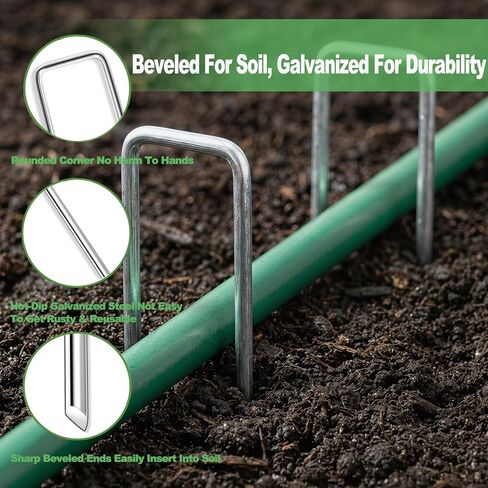 Landscape Staples 6 Inch - 50 Pack Heavy Duty U-Shaped Garden Stakes (50 Pins + 50 Gaskets), 11 Gauge Galvanized Ground Anchors for Weed Barrier Fabric, Sod, Lawn Edging (50) in Kuwait