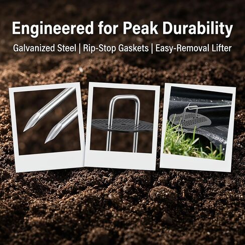Landscape Staples 6 Inch - 50 Pack Heavy Duty U-Shaped Garden Stakes (50 Pins + 50 Gaskets), 11 Gauge Galvanized Ground Anchors for Weed Barrier Fabric, Sod, Lawn Edging (50) in Kuwait