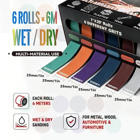 Emery Cloth Roll, 6 Grits 1 in x 19.7 ft Sandpaper Roll with Dispenser | 6 colors, 6 grits, 6 materials: quick choice for metal, wood, auto, furniture wet/dry sanding in Kuwait