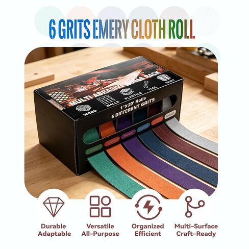 Emery Cloth Roll, 6 Grits 1 in x 19.7 ft Sandpaper Roll with Dispenser | 6 colors, 6 grits, 6 materials: quick choice for metal, wood, auto, furniture wet/dry sanding in Kuwait