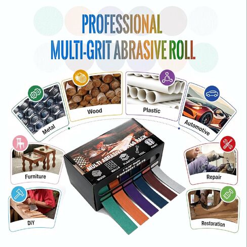 Emery Cloth Roll, 6 Grits 1 in x 19.7 ft Sandpaper Roll with Dispenser | 6 colors, 6 grits, 6 materials: quick choice for metal, wood, auto, furniture wet/dry sanding in Kuwait