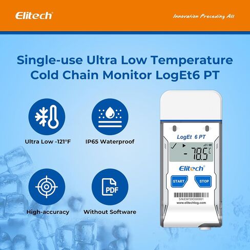 Elitech Dry Ice Temperature Data Logger, USB PDF Single-Use Cold Chain Monitor -121～122℉, 16000 Points 30 Days Shadow Data No Software Needed for Medical Lab Vaccine Cold Storage Transport LogEt6PT in Kuwait