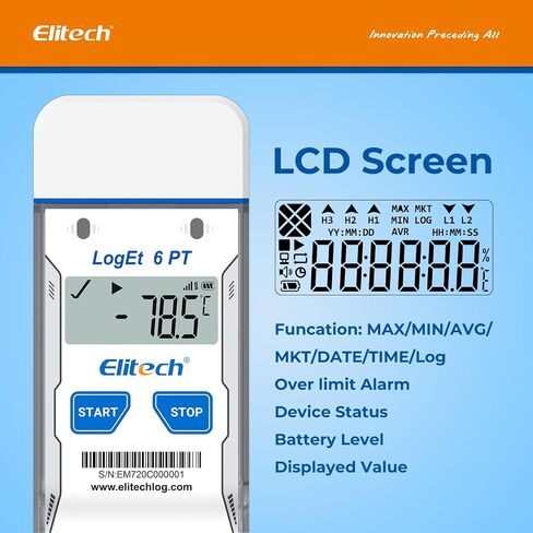 Elitech Dry Ice Temperature Data Logger, USB PDF Single-Use Cold Chain Monitor -121～122℉, 16000 Points 30 Days Shadow Data No Software Needed for Medical Lab Vaccine Cold Storage Transport LogEt6PT in Kuwait