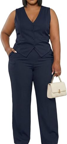 Women's Plus Size Pant Suits 2 Piece Outfits Button Vest Blazer Pockets Wide Leg Pants Sets Casual Pantsuits in Saudi Arabia
