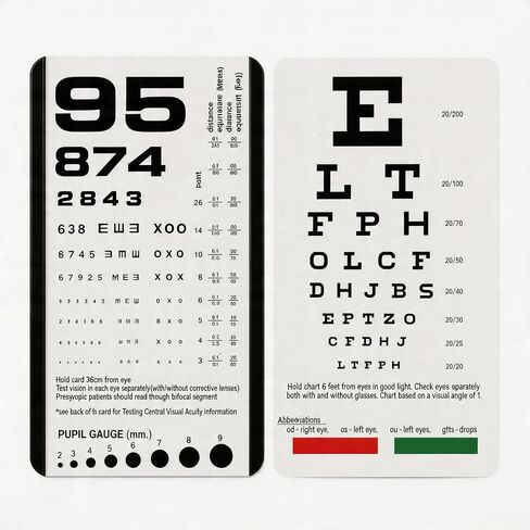 Pocket Eye Chart, 2-in-1 Vision Test Card for Near and Distance Vision Checks, Handheld Eye Exam Card with Pupil Gauge, Red/Green Bar and Reading Segment, Portable Visual Acuity Card in Kuwait