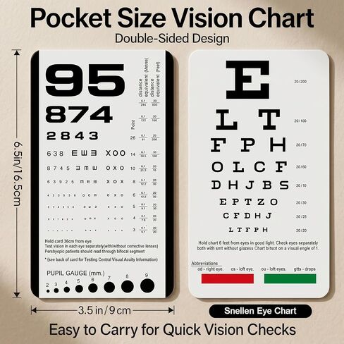Pocket Eye Chart, 2-in-1 Vision Test Card for Near and Distance Vision Checks, Handheld Eye Exam Card with Pupil Gauge, Red/Green Bar and Reading Segment, Portable Visual Acuity Card in Kuwait