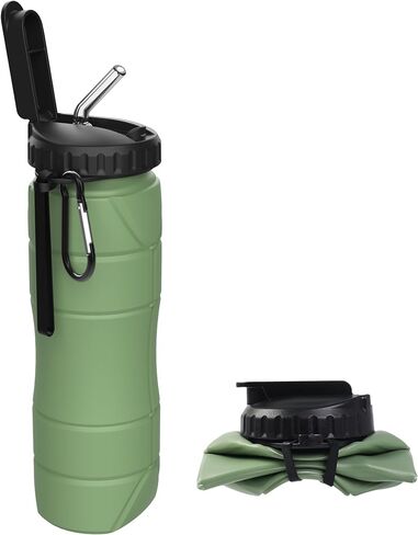 collapsible water bottles, silicone portable outdoor water bottle with straw, BPA-free, 22Oz Suitable For Outdoor Sports Camping Picnics And Travel, Outdoor Sports, Camping (olive green) in Kuwait
