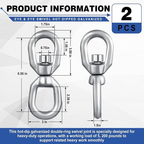Hicarer 2 Pack 5/8" Eye & Eye Swivel Marine Mooring Connector, 5, 200 Lbs Wll Heavy Duty Hot Dipped Galvanized Double Ring Swivel for Boats in Kuwait