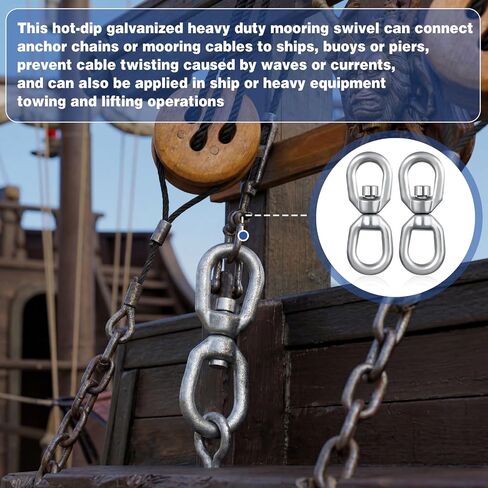 Hicarer 2 Pack 5/8" Eye & Eye Swivel Marine Mooring Connector, 5, 200 Lbs Wll Heavy Duty Hot Dipped Galvanized Double Ring Swivel for Boats in Kuwait