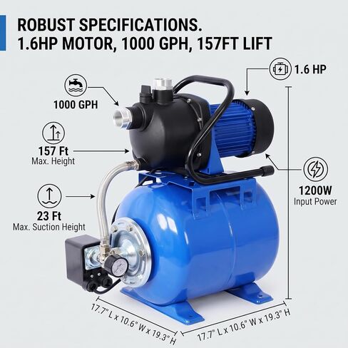 1.6 HP Shallow Well Jet Pump with 19L Pressure Tank, 1000 GPH Flow Rate, 157 Ft Max Lift, Automatic Water Booster for Home Garden Lawn Farm Irrigation in Kuwait