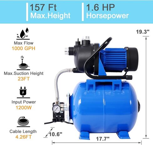 1.6 HP Shallow Well Jet Pump with 19L Pressure Tank, 1000 GPH Flow Rate, 157 Ft Max Lift, Automatic Water Booster for Home Garden Lawn Farm Irrigation in Kuwait