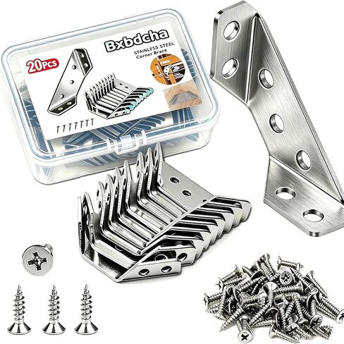 Furniture Corner Connector - 20PCS Universal Stainless Steel L Brackets for Wood,Hardware Metal Angle Bracket Corner Braces,L Bracket for Shelves,Table,Cabinet,Drawer,Corner Brackets for Wood in Kuwait