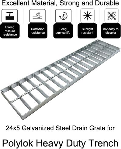 Galvanized Steel Drain Grate 24x5 in for Polylok Heavy Duty Trench, B-Class 28100 lbs Heavy-Duty Outdoor Driveway Channel Drainage Grate, Silver Rectangle Replacement Metal Sewer Cover 2pcs in Kuwait