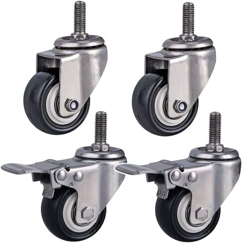 4 Wire M8/M10/M12 Wheels for Furniture 1.5''/2"(50mm) Stainless Steel 304 Bracket Heavy Duty 300kg Silent PU with Brake Swing Small for Desk Cart Cot,Black,M10 1.5inch 2brake+2s in Kuwait