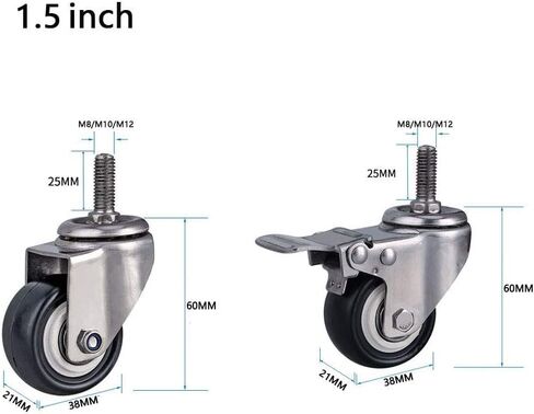 4 Wire M8/M10/M12 Wheels for Furniture 1.5''/2"(50mm) Stainless Steel 304 Bracket Heavy Duty 300kg Silent PU with Brake Swing Small for Desk Cart Cot,Black,M10 1.5inch 2brake+2s in Kuwait