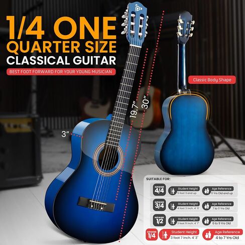 Pyle Beginner Acoustic Guitar Kit, 1/4 Junior Size All Wood Build Nylon Stringed Instrument with Capo, Strap, Extra String Set, Gig Bag, Guitars for Beginners Adults Youth, 30" Blue Burst Gloss in Kuwait