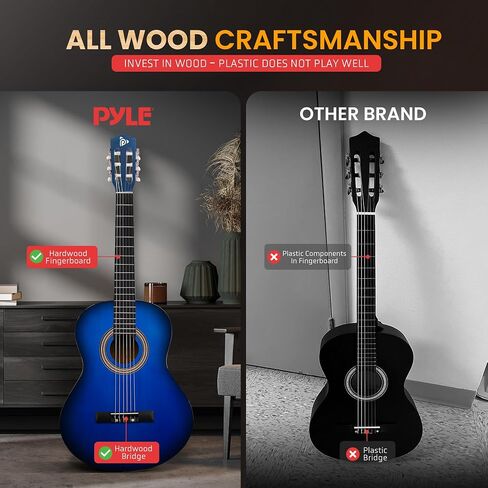 Pyle Beginner Acoustic Guitar Kit, 1/4 Junior Size All Wood Build Nylon Stringed Instrument with Capo, Strap, Extra String Set, Gig Bag, Guitars for Beginners Adults Youth, 30" Blue Burst Gloss in Kuwait