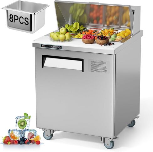 GarveeHome Commercial Refrigerator, 28" Undercounter Worktop Refrigerator,7.4 cu. ft W Single Door Thick Stainless Steel Refrigerator Sandwich Salad Prep Station Cooling with Cutting Board and 8 Pans in Kuwait