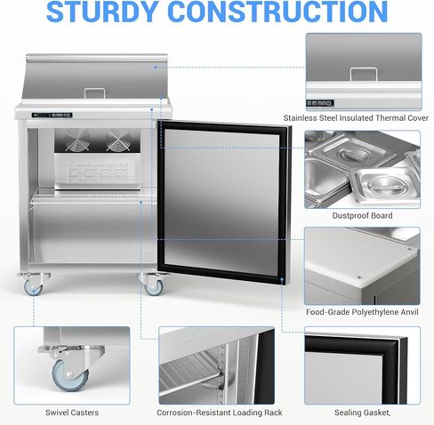 GarveeHome Commercial Refrigerator, 28" Undercounter Worktop Refrigerator,7.4 cu. ft W Single Door Thick Stainless Steel Refrigerator Sandwich Salad Prep Station Cooling with Cutting Board and 8 Pans in Kuwait