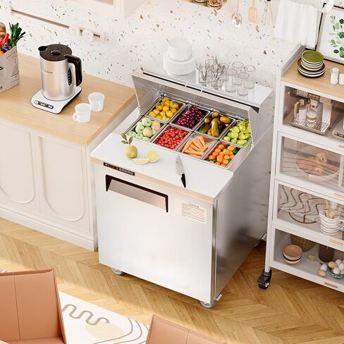 GarveeHome Commercial Refrigerator, 28" Undercounter Worktop Refrigerator,7.4 cu. ft W Single Door Thick Stainless Steel Refrigerator Sandwich Salad Prep Station Cooling with Cutting Board and 8 Pans in Kuwait