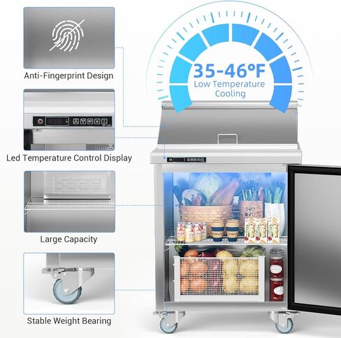 GarveeHome Commercial Refrigerator, 28" Undercounter Worktop Refrigerator,7.4 cu. ft W Single Door Thick Stainless Steel Refrigerator Sandwich Salad Prep Station Cooling with Cutting Board and 8 Pans in Kuwait