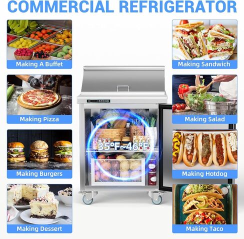 GarveeHome Commercial Refrigerator, 28" Undercounter Worktop Refrigerator,7.4 cu. ft W Single Door Thick Stainless Steel Refrigerator Sandwich Salad Prep Station Cooling with Cutting Board and 8 Pans in Kuwait