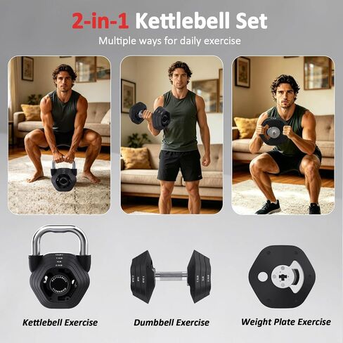 2-in-1 Adjustable Kettlebell, 15-45lbs Kettlebells Weight Set | Converts to 5.9-30.9lbs Adjustable Dumbbell, Home Gym, Strength Training, Full Body Workout, Cast Iron in Kuwait