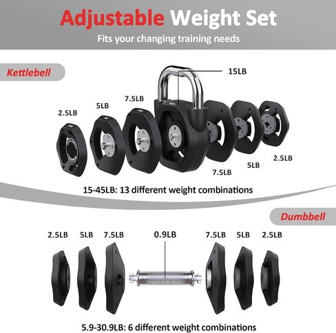 2-in-1 Adjustable Kettlebell, 15-45lbs Kettlebells Weight Set | Converts to 5.9-30.9lbs Adjustable Dumbbell, Home Gym, Strength Training, Full Body Workout, Cast Iron in Kuwait