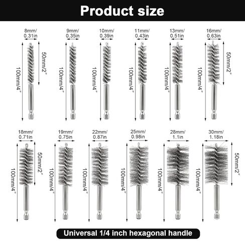 12 Pcs Wire Bore Brush for Drill, 5/16" - 1-3/16" Stainless Steel Bore Brushes Set with 1/4" Hex Shank Twisted Wire Bristles, 12 Sizes Drill Brush Attachment for Driver Handle & Grinder in Kuwait