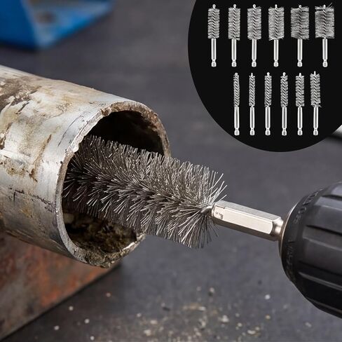12 Pcs Wire Bore Brush for Drill, 5/16" - 1-3/16" Stainless Steel Bore Brushes Set with 1/4" Hex Shank Twisted Wire Bristles, 12 Sizes Drill Brush Attachment for Driver Handle & Grinder in Kuwait