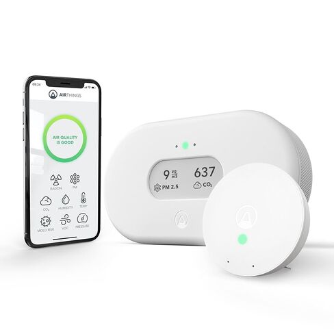 Airthings View Plus & Wave Mini - مراقب جودة الهواء متعدد الغرف مع PM 2.5، ثاني أكسيد الكربون، المركبات العضوية المتطايرة، كاشف الرطوبة ودرجة الحرارة، تطبيق الهاتف المحمول، واي فاي، التنبيهات والإشعارات in Kuwait