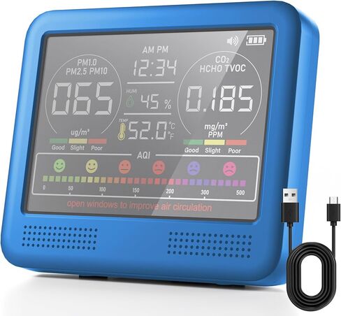 جهاز مراقبة جودة الهواء الداخلي 16 في 1 مع PM1.0، PM2.5، PM10، CO2، HCHO، TVOC، درجة الحرارة، الرطوبة، عرض الوقت و7 منبهات AQI - اختبار احترافي لجودة الهواء للمنزل والمكتب والاستخدام الداخلي in Kuwait