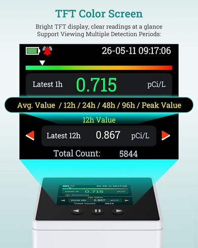 LifeBasis Radon Detector for Home Basement - 1-Hr Initial Result, 10-Min Continuous Updates, Digital Radon Monitor with TFT Display, 254-Day Storage, Audible/Visual Alerts, No Lab Fees, pCi/L or Bq/m³ in Kuwait