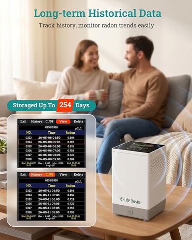 LifeBasis Radon Detector for Home Basement - 1-Hr Initial Result, 10-Min Continuous Updates, Digital Radon Monitor with TFT Display, 254-Day Storage, Audible/Visual Alerts, No Lab Fees, pCi/L or Bq/m³ in Kuwait