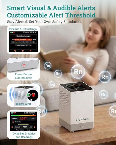LifeBasis Radon Detector for Home Basement - 1-Hr Initial Result, 10-Min Continuous Updates, Digital Radon Monitor with TFT Display, 254-Day Storage, Audible/Visual Alerts, No Lab Fees, pCi/L or Bq/m³ in Kuwait
