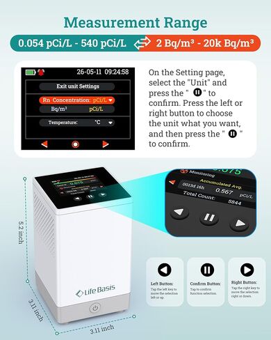 LifeBasis Radon Detector for Home Basement - 1-Hr Initial Result, 10-Min Continuous Updates, Digital Radon Monitor with TFT Display, 254-Day Storage, Audible/Visual Alerts, No Lab Fees, pCi/L or Bq/m³ in Kuwait