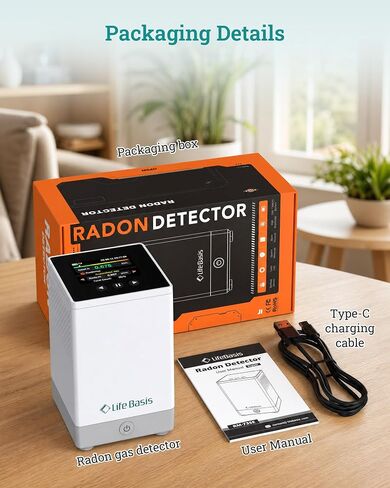 LifeBasis Radon Detector for Home Basement - 1-Hr Initial Result, 10-Min Continuous Updates, Digital Radon Monitor with TFT Display, 254-Day Storage, Audible/Visual Alerts, No Lab Fees, pCi/L or Bq/m³ in Kuwait