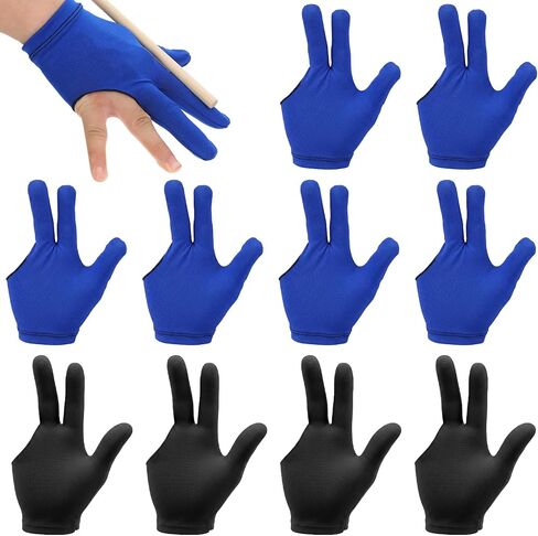 10 Pcs Pool Gloves Left and Right Hand, Universal Billiard Gloves | Three Finger Nylon Table Billiards Glove Breathable Elastic Cue Sports Glove Sports Accessories for Women Men (Black, Blue) in Kuwait