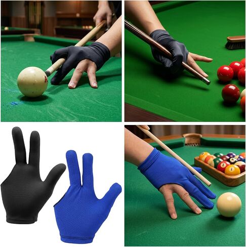 10 Pcs Pool Gloves Left and Right Hand, Universal Billiard Gloves | Three Finger Nylon Table Billiards Glove Breathable Elastic Cue Sports Glove Sports Accessories for Women Men (Black, Blue) in Kuwait