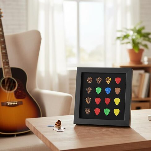 Guitar Pick Display Case Frame for 16 Picks (0.5-3.0mm), 8.1" Shadow Box with Velvet, Wall Mounted & Desktop Holder for Guitarists Music Lovers Collectors in Kuwait