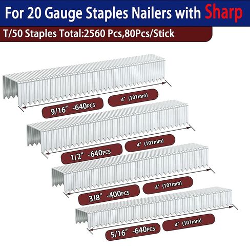 HW HAMWOO 20 Guage T/50 Staples,5/16"+3/8"+1/2"+9/16":5248pcs | Galvanized Nails,4 Sizes Assorted Size Project Pack for Staple Gun or T-50 Stapler in Kuwait