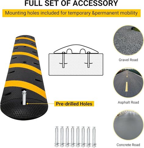 72inch Rubber Speed Bump with 4 End Caps, 2-Pack Heavy Duty Speed Bumps for Road, 66000 LBS Capacity Speed Humps with 8 Bolts for Parking Lots in Kuwait