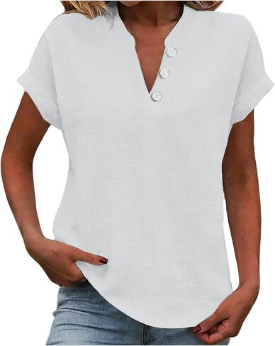 Linen Shirts for Women Short Sleeve V Neck Casual Blouses Summer Breathable Tee Shirts Vacation Fashion Clothes in Saudi Arabia