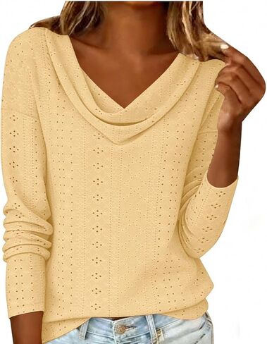 Womens Tops Dressy Fashion Cowl Neck Long Sleeve Hollow Out Blouse Casual Loose Top for Daily Wear in Saudi Arabia